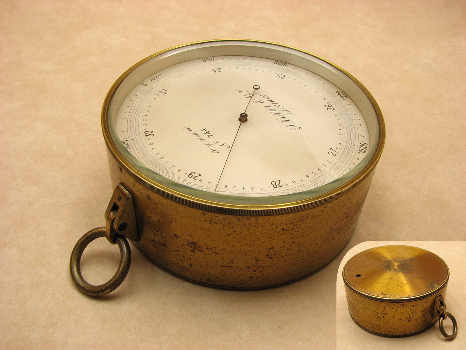 Late Victorian brass cased barometer
& altimeter signed 'F. Darton & Co, London' with leather case